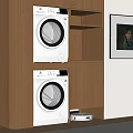 White Washing Machines In Wooden Cabinet With Open Storage Shelves