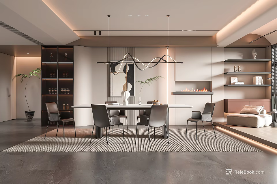 Luxury Modern Restaurant Interior With Marble Dining Table Velvet Chairs And Artistic Pendant Light 3d model 
