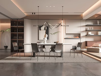 Luxury Modern Restaurant Interior With Marble Dining Table Velvet Chairs And Artistic Pendant Light 3d model