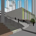 Modern School Building Featuring Multi Level Structure Green Courtyard And Walking Pedestrians