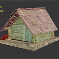 Log Cabin Model With Wooden Slatted Roof Log Walls Wooden Door Stone Base And Grass