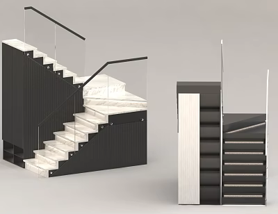 Modern Interior Stairs Design With Black Side White Steps Glass Railing And Black Handrail 3d model
