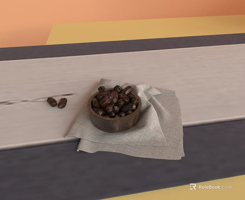 Light Wood Hinged Door With Wooden Bowl Dates On Gray Cloth And Orange Yellow Wall 3d model 