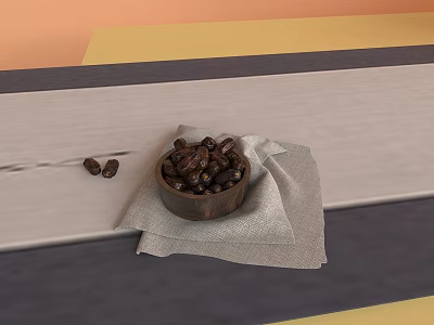 Light Wood Hinged Door With Wooden Bowl Dates On Gray Cloth And Orange Yellow Wall 3d model
