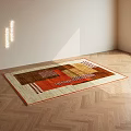 Square Rug With Geometric Pattern Brown Red Beige Color And Orange Border On Herringbone Floor 3d model