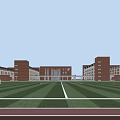Red Brick School Building With Modern Exterior Green Lawn And Paved Square