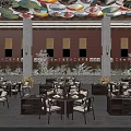Restaurant Open Dining Area Interior With Tables Chairs Colorful Decorative Ceiling And Plants