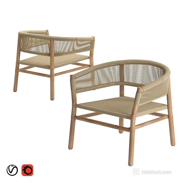 Modern Wooden Single Chair With Wicker Armrests And Beige Seat Design 3d model 