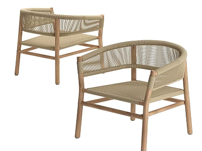 Modern Wooden Single Chair With Wicker Armrests And Beige Seat Design 3d model