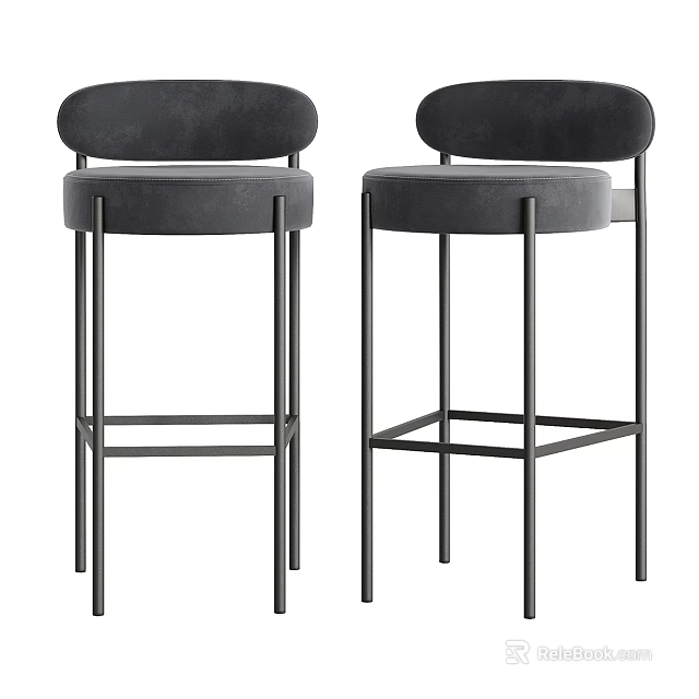 Modern Velvet Bar Stools With Round Backrest And Black Metal Legs 3d model 