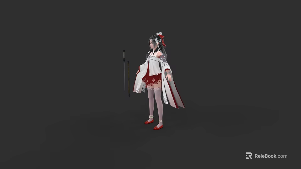 Woman in White and Red Traditional Outfit with Ornate Hair Accessories Holding Sword 3d model 