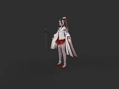 Woman in White and Red Traditional Outfit with Ornate Hair Accessories Holding Sword 3d model