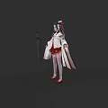 Woman in White and Red Traditional Outfit with Ornate Hair Accessories Holding Sword