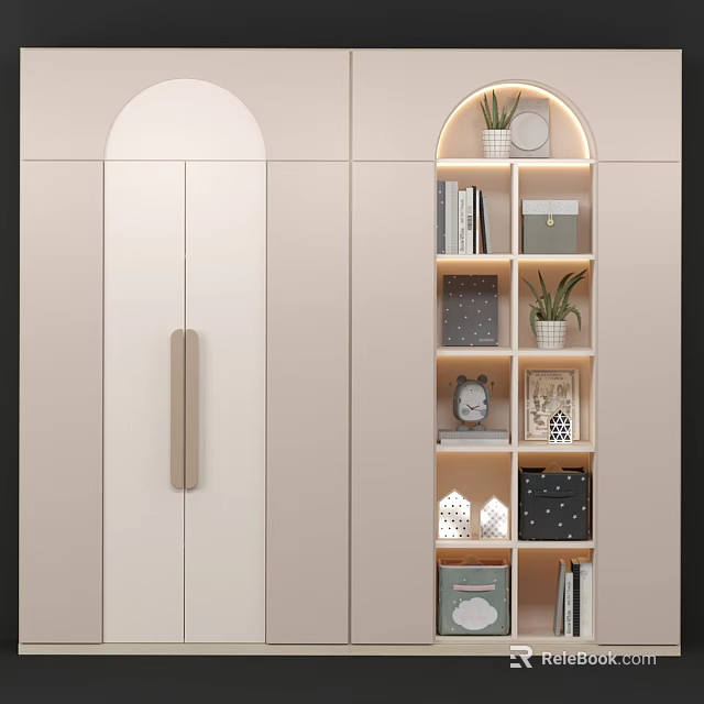 Modern Minimalist Wardrobe Storage Design With Light Finish Open Shelves Decorative Plants And Storage Boxes 3d model 