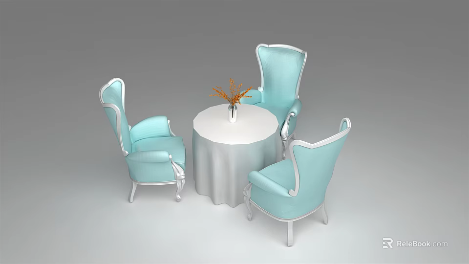 Light Blue Chairs With White Trim And Round Table With Tablecloth And Vase 3d model 