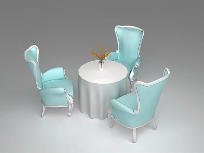 Light Blue Chairs With White Trim And Round Table With Tablecloth And Vase 3d model