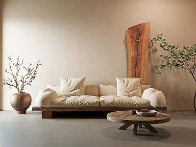 Minimalist Beige Three-Seater Sofa In Living Room With Wooden Coffee Table And Natural Decor 3d model