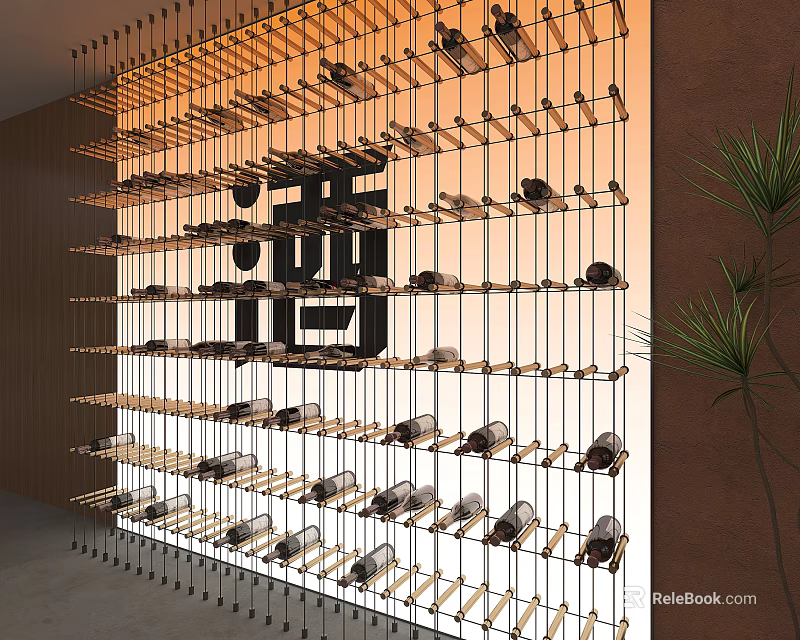 Chinese Style Hanging Wine Rack With Arranged Wine Bottles And Interior Decor 3d model 