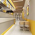 Bright Yellow Restaurant Interior with Tables Chairs Wall Posters Ceiling Light Strips and Order Counter