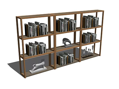 Wooden Multi-tiered Bookshelf with Organized Books Decorative Sculpture and Ornaments 3d model