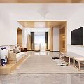 Bright Natural Wood Tone Living Room Interior With Soft Sofa And Large Wall Mounted TV