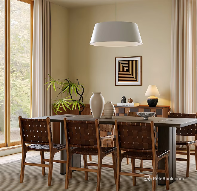Cozy Restaurant Dining Space With Wooden Chairs White Pendant Light Geometric Painting And Green Plant 3d model 