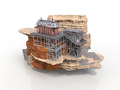 Rock Structure Building with Multiple Levels Wooden Frame Red Roof and Staircase 3d model