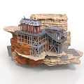 Rock Structure Building with Multiple Levels Wooden Frame Red Roof and Staircase