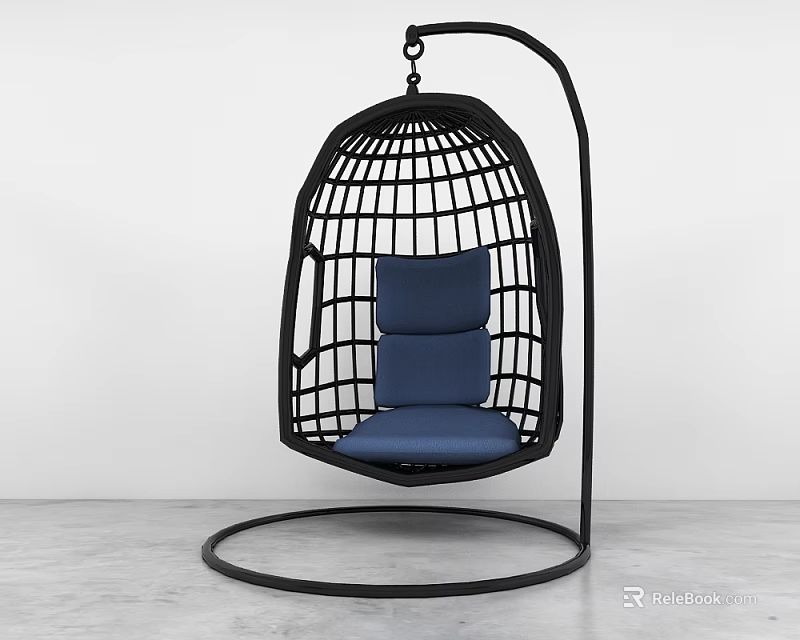 Modern Black Frame Hanging Chair With Blue Cushion And Grid Design 3d model 