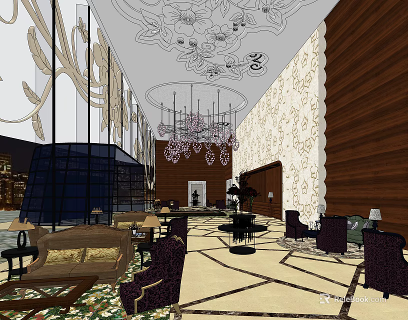 Elegant Hotel Lobby Interior With Decorative Ceiling Chandelier Patterned Walls And Luxury Furniture 3d model 