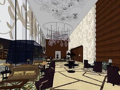 Elegant Hotel Lobby Interior With Decorative Ceiling Chandelier Patterned Walls And Luxury Furniture 3d model