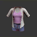 Plaid Shirt Over Purple Tank Top With Blue Denim Shorts Casual Outfit