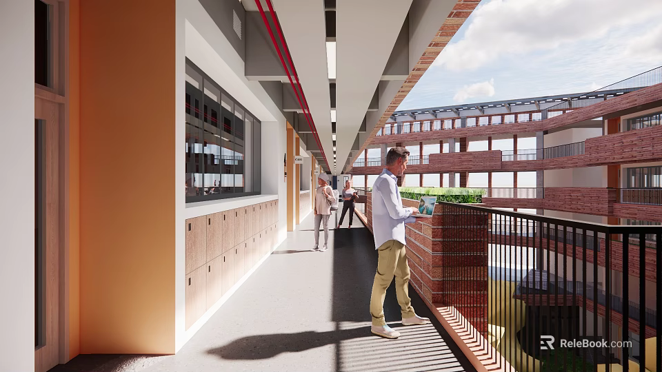 School Hallway With Lockers And People Walking In Red Brick Building Balcony Area 3d model 