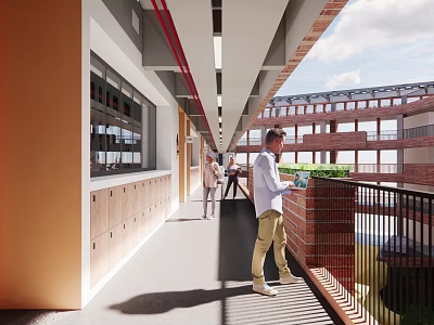 School Hallway With Lockers And People Walking In Red Brick Building Balcony Area 3d model