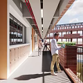 School Hallway With Lockers And People Walking In Red Brick Building Balcony Area