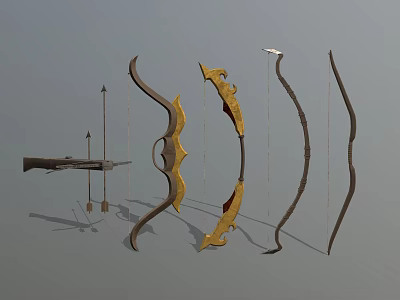 Different Styles Of Traditional Bows As Ancient Weapons With Decorative Patterns And Arrows 3d model