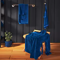 Bathroom Interior With Blue Towels Stacked On Shelves Hanging On Rod And Wooden Chair