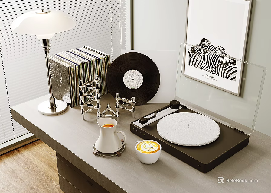 Cozy Home Corner With Turntable Vinyl Record Table Lamp And Coffee Cup 3d model 