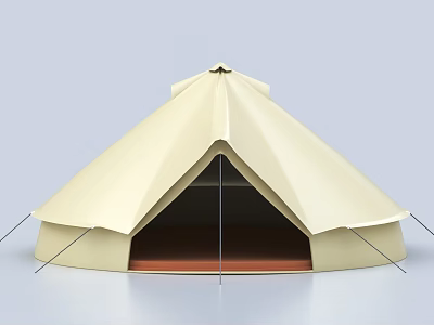 Beige Conical Camping Tent with Spacious Interior and Brown Base Support Ropes 3d model