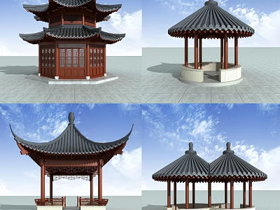 Traditional Chinese Pavilions In Multiple Styles Including Tiered Circular And Double Structures 3d model