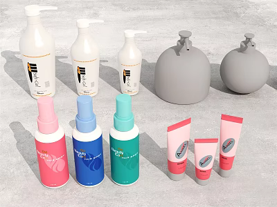 Bathroom Accessories Collection With Pump Spray Bottles And Colorful Tubes In Diverse Styles 3d model