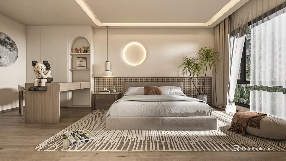 Modern Bedroom Interior With Bed Round Decorative Lamp Plants And Wooden Floor Area Rug 3d model 