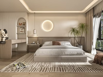 Modern Bedroom Interior With Bed Round Decorative Lamp Plants And Wooden Floor Area Rug 3d model