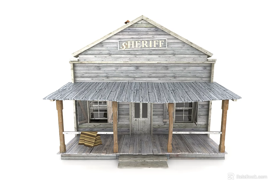 Wooden Sheriff Cabin With Porch Columns Stacked Wood Door And Windows 3d model 