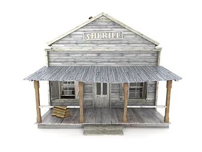 Wooden Sheriff Cabin With Porch Columns Stacked Wood Door And Windows 3d model
