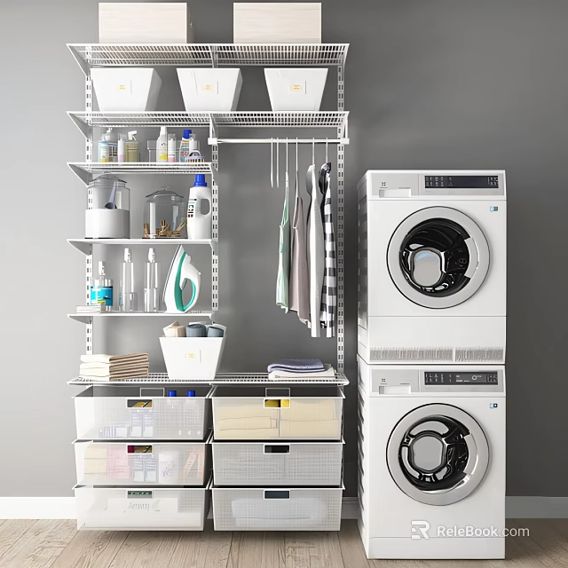 Stacked White Washers In Organized Laundry Room With Metal Shelving Storage Bins And Cleaning Supplies 3d model 