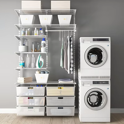 Stacked White Washers In Organized Laundry Room With Metal Shelving Storage Bins And Cleaning Supplies 3d model
