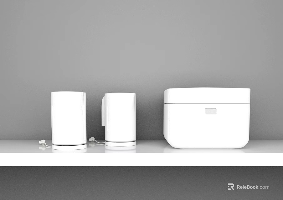Three White Kitchen Appliances Placed On White Shelf Against Gray Wall 3d model 