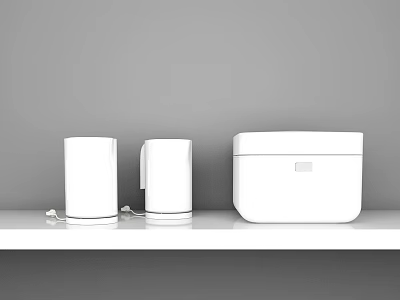 Three White Kitchen Appliances Placed On White Shelf Against Gray Wall 3d model