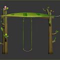 Outdoor Wooden Frame Swing With Green Seat Decorative Flowers And Birds
